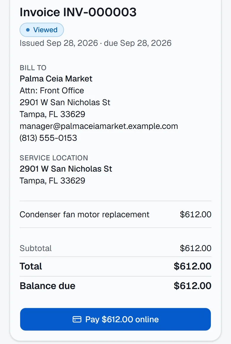 A customer's invoice on their phone with a Pay online button